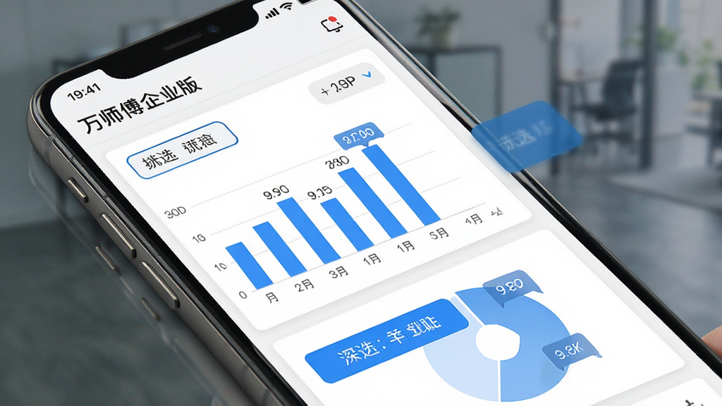 万师傅企业版数据统计看板,画面为手机屏幕显示柱状图与饼图,数据标签清晰,背景为白色,布局模块化,风格商务简约,细节包括蓝色图表、数值标注、筛选按钮,画质高清,干净,无多余元素