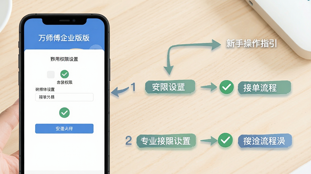 万师傅企业版新手操作指引图,画面为手机屏幕展示安装权限设置与接单流程步骤,背景为浅色桌面,布局分步展示,风格扁平化教学,细节包括箭头指引、对勾图标、文字标签,画质清晰,干净,无多余元素
