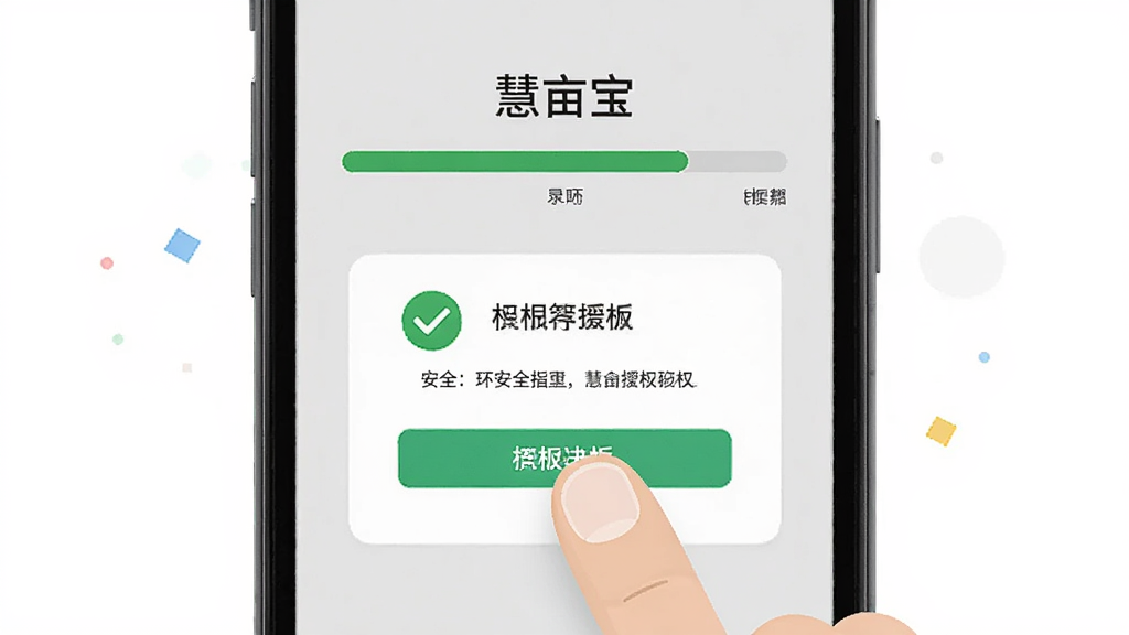 “慧亩宝”软件安装界面示意图,画面展示手机屏幕上的安装进度条与权限授权弹窗,主体为手机与手指点击动作,布局居中,排版清晰,风格扁平化,细节包含绿色对勾图标与安全提示文字,画质高清,干净,无多余元素