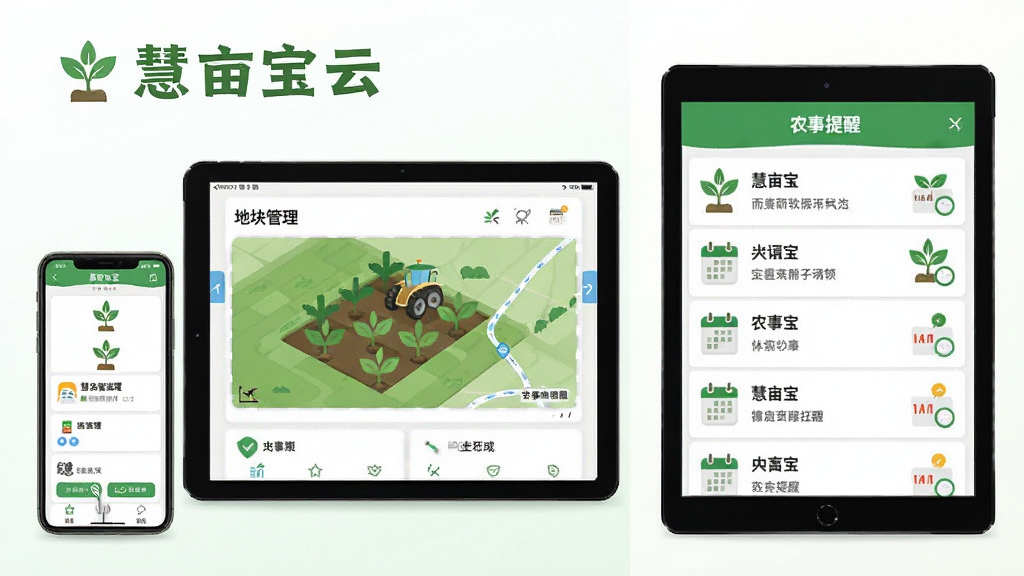 “慧亩宝”软件功能展示图,画面左侧为地块管理界面,右侧为农事提醒列表,主体为手机与平板设备,布局左右分栏,排版整齐,风格清新扁平化,细节包含绿色植物图标与日历标记,画质清晰,干净,无多余元素