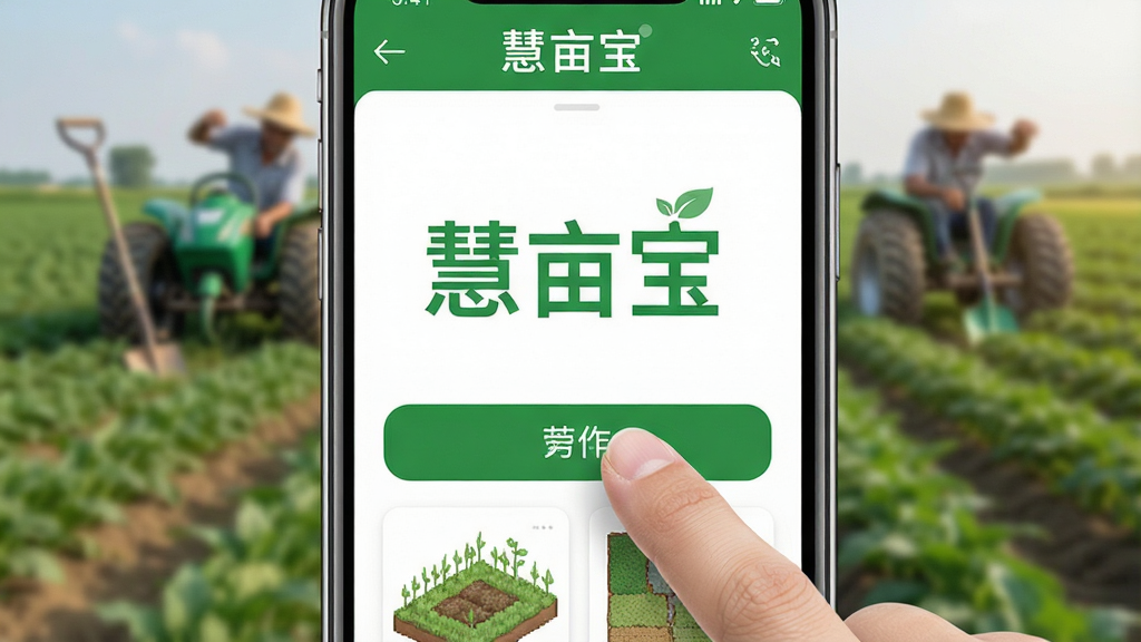 “慧亩宝”软件操作界面特写,画面中央为手机屏幕,展示大字体按钮与地块卡片,背景为模糊的农田实景,主体突出,布局居中,排版简洁,风格写实,细节包含手指点击动作与绿色主题色,画质高清,干净,无多余元素