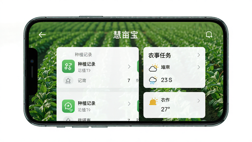 手机屏幕展示“慧亩宝”软件主界面,绿色农田背景,界面显示地块列表与农事任务卡片,主体居中,布局简洁,排版清晰,风格写实科技感,细节包含种植记录图标与天气信息,画质高清,干净,无多余元素