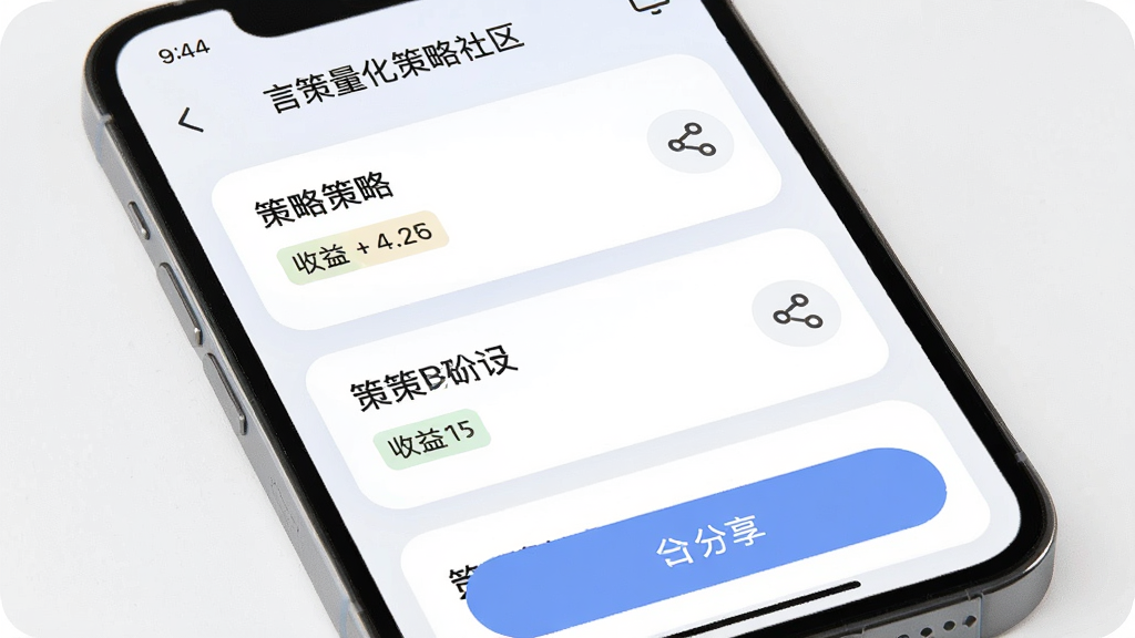 言策量化策略社区界面,主体为手机屏幕显示策略列表与分享按钮,布局列表式排版,风格为柔和圆角,细节包括策略名称、收益标签、分享图标,画质高清,干净,无多余元素
