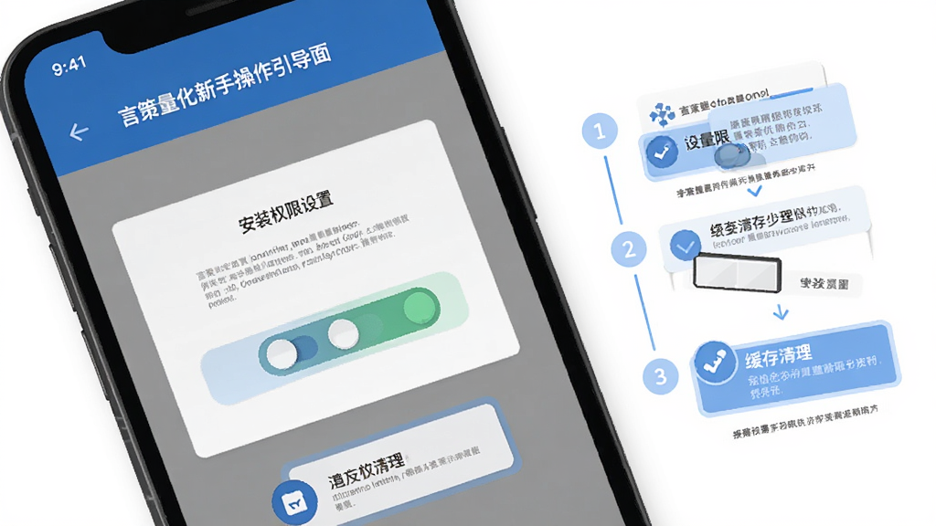 言策量化新手操作引导界面,主体为手机屏幕显示安装权限设置与缓存清理步骤,布局分步图示,排版清晰,风格为扁平化设计,细节包括开关按钮、箭头指引、文字说明框,画质高清,干净,无多余元素