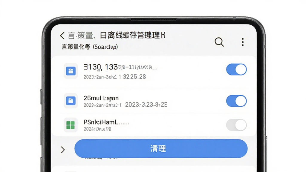 言策量化离线缓存管理界面,主体为手机屏幕显示缓存文件列表与清理按钮,布局简洁,排版清晰,风格为素雅极简,细节包括文件大小、日期标签、开关控件,画质高清,干净,无多余元素