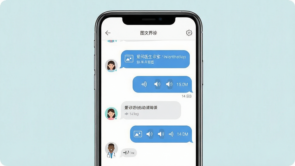 爱问医生诊室 图文问诊界面展示 主体为手机屏幕显示医生与患者的对话气泡 布局为上下排列的聊天窗口 风格为扁平化UI设计 细节包括图片缩略图 语音条 时间戳 画质清晰 干净 无多余元素