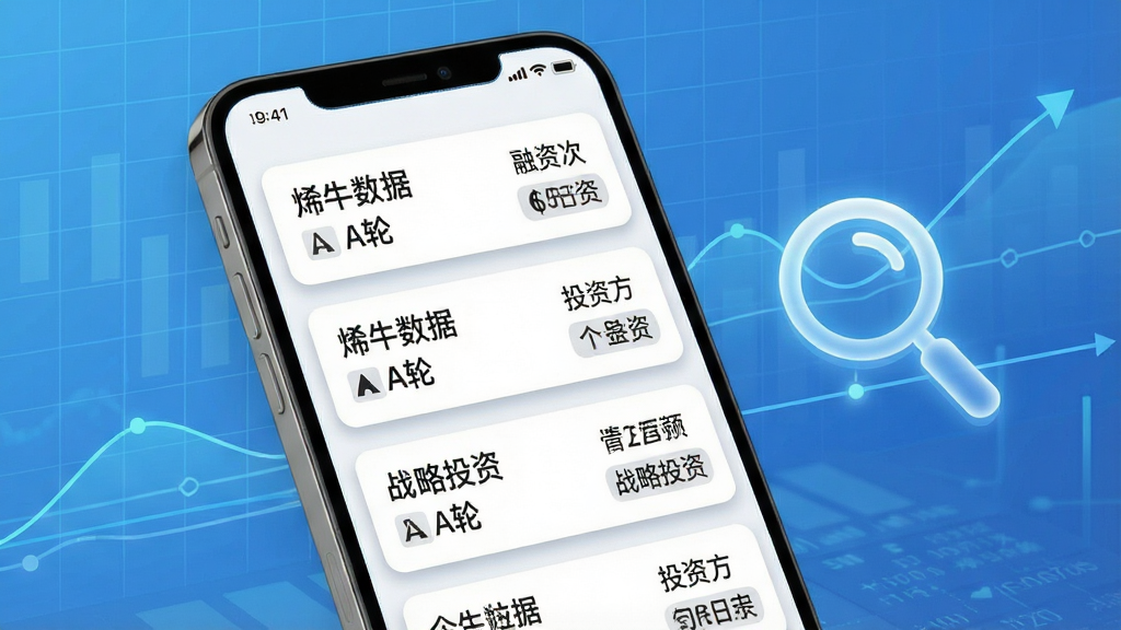 一张烯牛数据创投事件追踪功能展示图,画面主体为手机屏幕中滚动的融资快讯列表,每条卡片显示公司名、融资轮次、金额和投资方,背景是淡蓝色数据网格与时间轴线条,画面右侧漂浮一个发光的放大镜图标,整体布局采用上下滚动式信息流,风格为简洁科技商务风,细节上卡片有轻微阴影和圆角,文字使用中文“烯牛数据”“A轮”“战略投资”,画质高清,干净,无多余元素