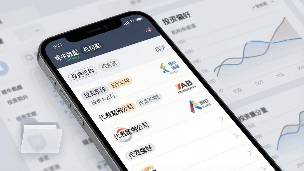 一张烯牛数据机构库查询功能展示图,画面主体为手机屏幕,屏幕内显示投资机构列表和机构详情页,包含机构名称、投资阶段标签、代表案例公司Logo,背景是浅灰色数据面板与折线图,画面左下角有一个半透明的文件夹图标,整体布局为左右分栏式,风格为简约商务风,细节上标签使用圆角矩形,文字使用中文“烯牛数据”“机构库”“投资偏好”,画质高清,干净,无多余元素