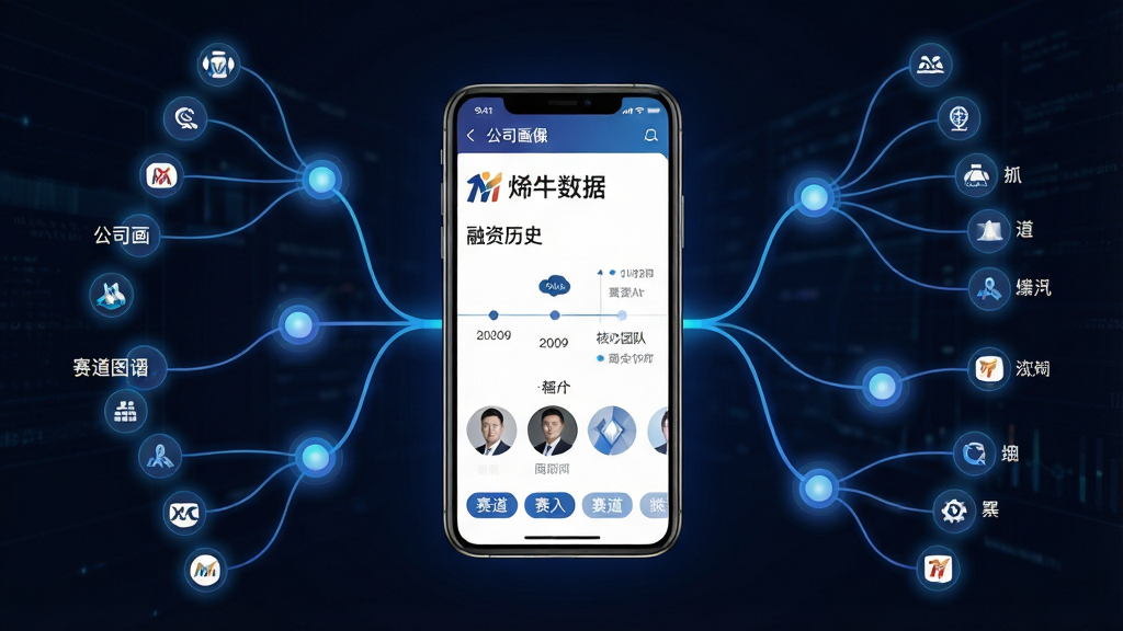 一张烯牛数据公司画像与赛道图谱功能展示图,画面中央是手机屏幕,屏幕内展示一家公司的详情页,包含公司Logo、融资历史时间轴、核心团队头像和赛道标签,屏幕外延伸出树状赛道图谱,节点连接不同公司,整体布局以手机为中心向四周辐射,风格为数据可视化科技风,细节上节点有光晕效果,线条为蓝色渐变,文字使用中文“烯牛数据”“公司画像”“赛道图谱”,画质高清,干净,无多余元素
