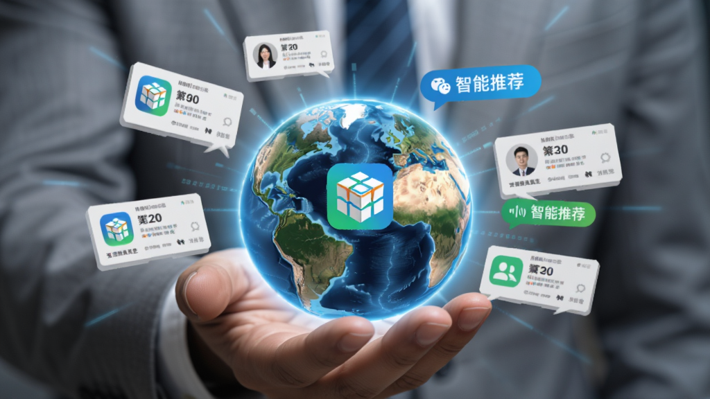 画面主体为一只手托起发光的地球,地球表面浮现出多个联系人名片和聊天气泡,布局为中心放射状,风格为科技感与商务感结合,细节包含跨境魔方app图标和智能推荐字样标签,画质高清,干净无多余元素
