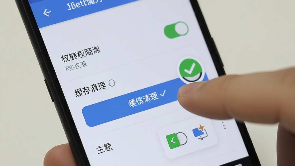 画面为一部安卓手机屏幕特写,屏幕内显示跨境魔方app的设置页面,页面上有权限开关、缓存清理按钮和主题切换选项,布局为纵向列表式,风格为简洁明快的移动端UI风格,细节包含手指点击开关的动作和绿色对勾图标,画质高清,干净无多余元素