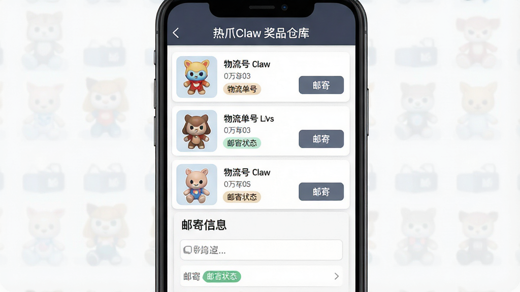 一幅展示热爪Claw奖品仓库与邮寄功能的示意图,主体为手机屏幕显示奖品仓库列表,包含多个已抓取的玩偶图标与邮寄按钮,布局采用上下结构,上方为仓库列表,下方为邮寄信息填写框,风格为简洁实用的工具类界面风格,细节包括奖品缩略图、物流单号、邮寄状态标签,画质清晰干净,无多余元素,画面中文字标注“热爪Claw 奖品仓库”