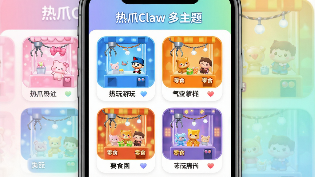 一幅展示热爪Claw多主题娃娃机界面的示意图,主体为手机屏幕内呈现多个不同风格娃娃机房间的缩略图,包括粉色萌系、蓝色潮玩、橙色零食等主题,布局采用网格排列,每个缩略图内展示对应奖品,风格为清新明快的UI设计风格,细节包括圆角图标、渐变背景、奖品小图,画质清晰干净,无多余元素,画面中文字标注“热爪Claw 多主题”