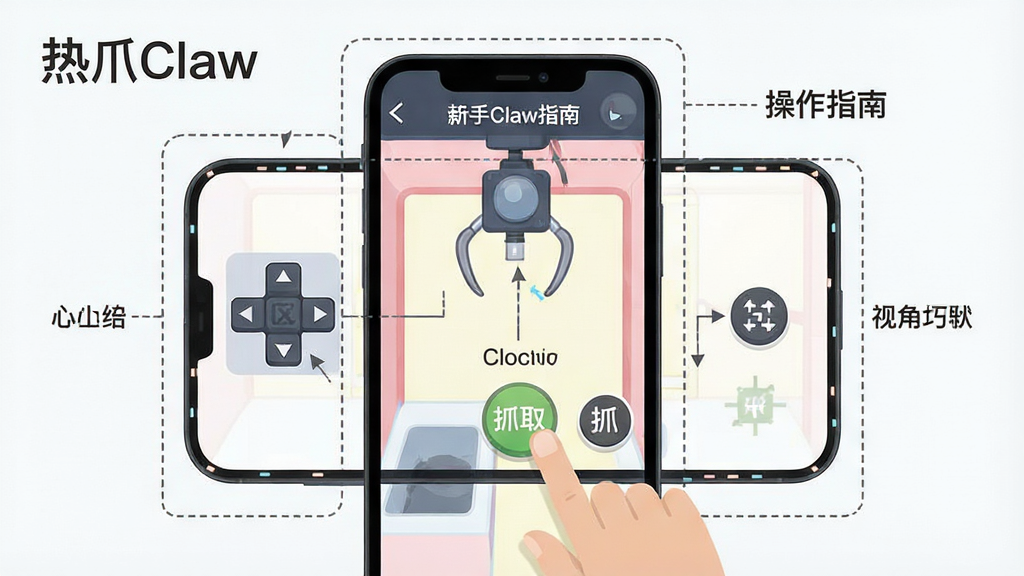 一幅展示热爪Claw新手操作指导的示意图,主体为手机屏幕显示抓娃娃操作界面,画面中标注方向控制区、抓取按钮、视角切换图标,布局采用居中构图,手机周围以虚线框标注各功能区域,风格为扁平化教程图解风格,细节包括手指触屏示意、按钮高亮、文字标注,画质清晰干净,无多余元素,画面中文字标注“热爪Claw 操作指南”
