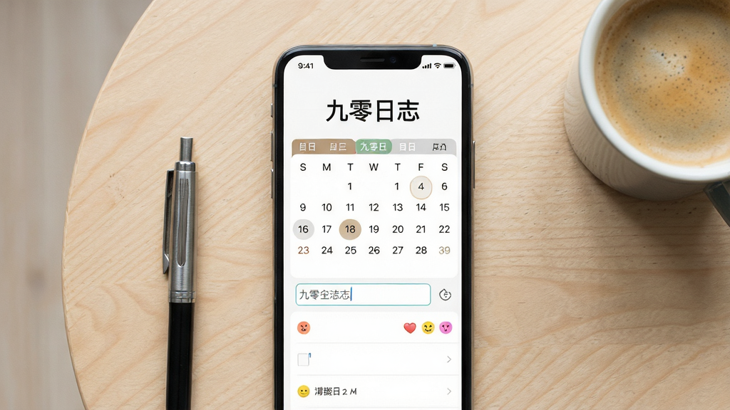 一张展示九零日志手机应用主界面的预览图,画面中央是一部竖屏手机,手机屏幕上显示“九零日志”四个字和简洁的日历与日记列表界面,背景是浅色木质桌面,旁边放着一支笔和一杯咖啡,布局简洁居中,风格清新写实,细节包括日期标签、文字输入框和心情图标,画质清晰,干净,无多余元素