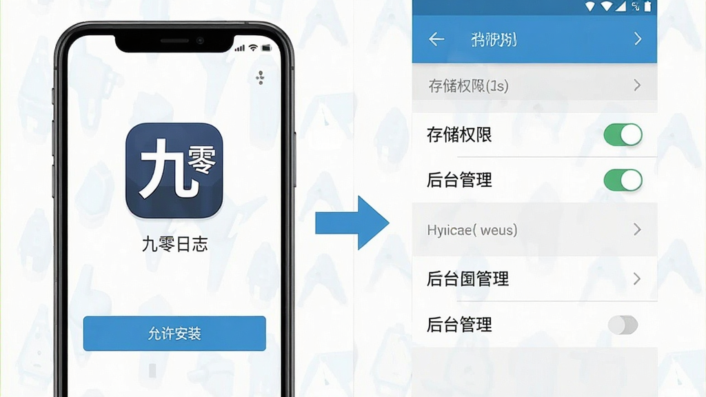 一张展示九零日志安装与权限设置步骤的示意图,画面左侧是手机安装界面,右侧是设置菜单,中间用箭头连接,手机屏幕上显示“九零日志”图标和“允许安装”按钮,布局左右分栏,风格扁平化教程风,细节包括存储权限开关和后台管理选项,画质清晰,干净,无多余元素