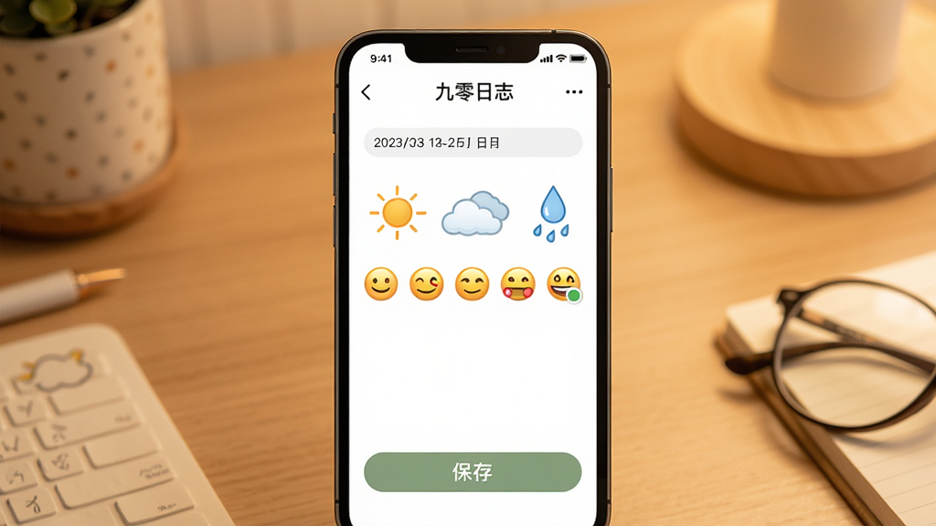 一幅表现九零日志心情记录功能的场景图,画面主体是手机屏幕显示“九零日志”的日记编辑页,页面上有太阳、云朵、雨滴等天气图标和一排笑脸表情,背景是暖色调的桌面,布局采用中心构图,风格温馨简约,细节包括日期栏、心情选中状态和保存按钮,画质细腻,干净,无多余元素