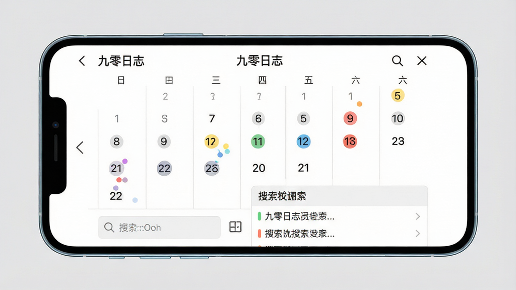 一张九零日志日历视图与搜索功能的界面展示图,画面中手机横放,屏幕显示“九零日志”的月历页面,部分日期有彩色圆点标记,下方是搜索框和搜索结果列表,背景是纯色浅灰,布局干净利落,风格现代扁平,细节包括月份切换箭头、高亮日期和文字条目,画质清晰,干净,无多余元素