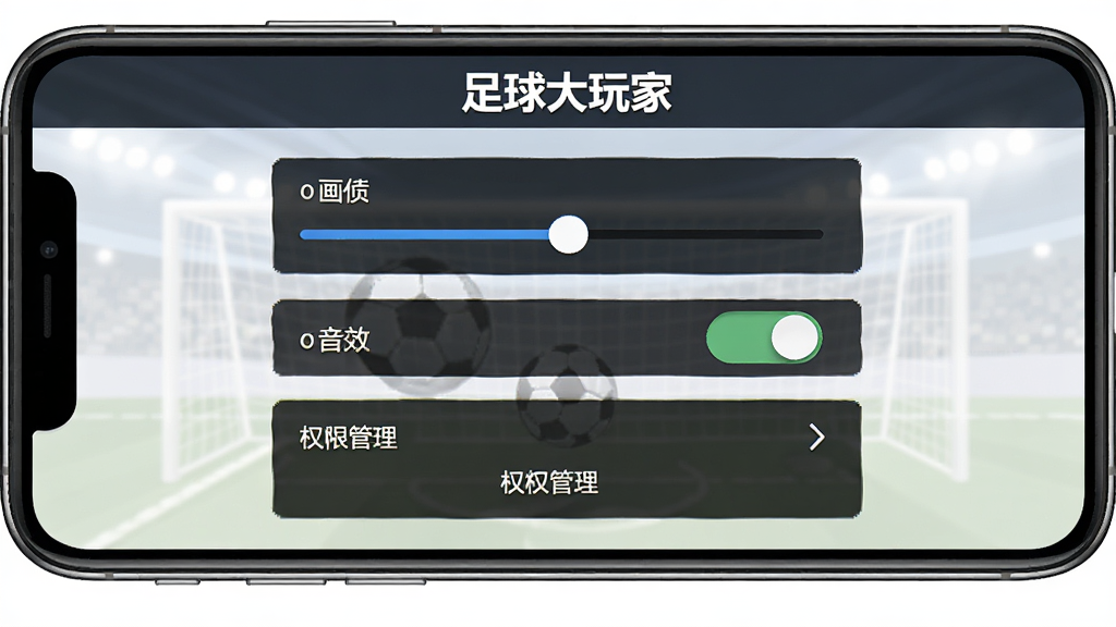 手机屏幕显示足球大玩家游戏设置界面,画面中有画质调节滑块、音效开关和权限管理选项,界面风格简洁,顶部有“足球大玩家”标题,画质清晰,排版整齐,干净无多余元素