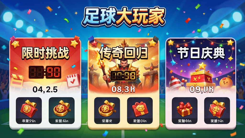 游戏活动中心界面,画面中展示多个活动入口卡片,包括“限时挑战”“传奇回归”“节日庆典”等横幅,卡片上有倒计时和奖励预览图标,整体风格热闹活泼,色彩丰富,顶部有“足球大玩家”Logo,画质高清,排版整洁,无多余元素