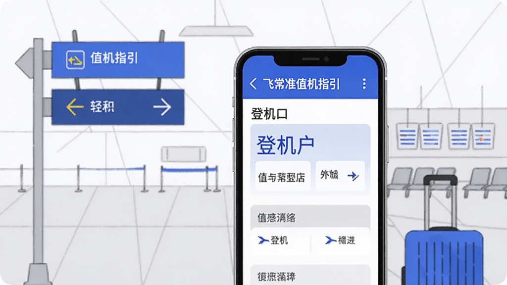 一张以飞常准值机指引为主题的生图,画面中手机屏幕显示登机口和值机柜台信息,旁边有指示牌和行李箱元素,背景是机场候机大厅的简化线条图,整体风格清爽明亮,主色调为蓝色和浅灰色,画质清晰,无杂乱元素