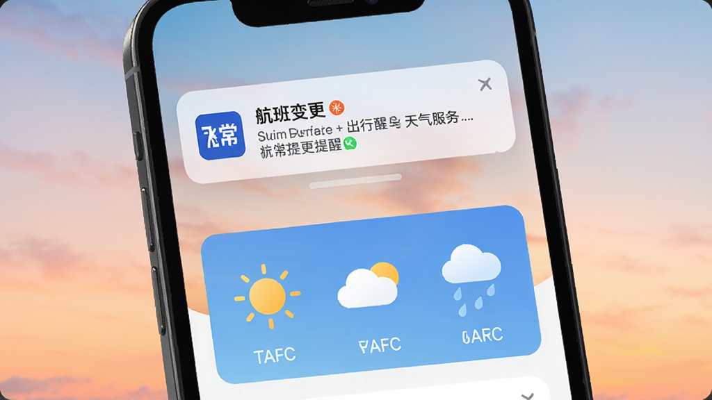画面展示飞常准的出行提醒与天气服务,手机屏幕上方弹出航班变更提醒通知,下方显示天气卡片,有太阳、云朵和雨滴图标,背景是柔和的渐变天空色,整体风格清新温暖,构图简洁,细节到位,高清画质,无多余元素
