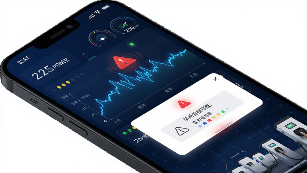 充电桩运营App实时监控功能界面,手机屏幕显示充电桩的实时功率曲线和告警弹窗,画面中有抽象的电流波动图形和红色告警图标,背景为深蓝色科技网格,风格简洁明快,细节包括数据仪表盘和状态指示灯,画质高清,干净无多余元素