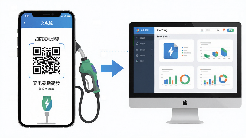充电桩运营App操作教程示意图,画面左侧是手机屏幕显示扫码充电步骤,右侧是电脑后台管理界面,中间用箭头连接表示数据同步,风格为扁平化信息图,细节包括二维码、充电枪和报表图标,画质高清,干净整洁,无多余元素