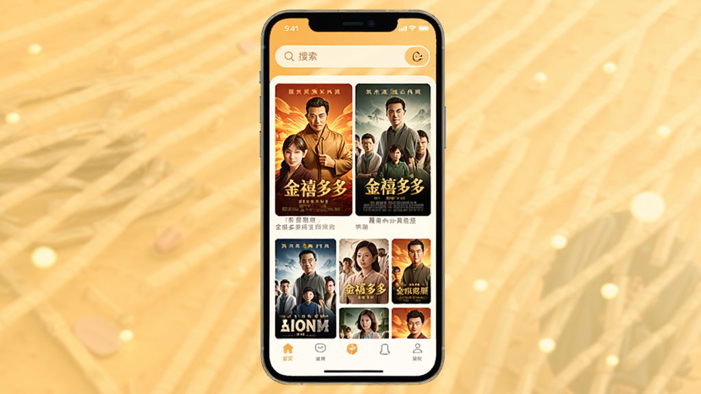 金禧多多应用主界面展示,手机屏幕竖版构图,顶部搜索栏与底部导航菜单,中间为影视海报网格布局,色彩明亮温暖,风格简洁现代,细节清晰,画质干净,无多余元素
