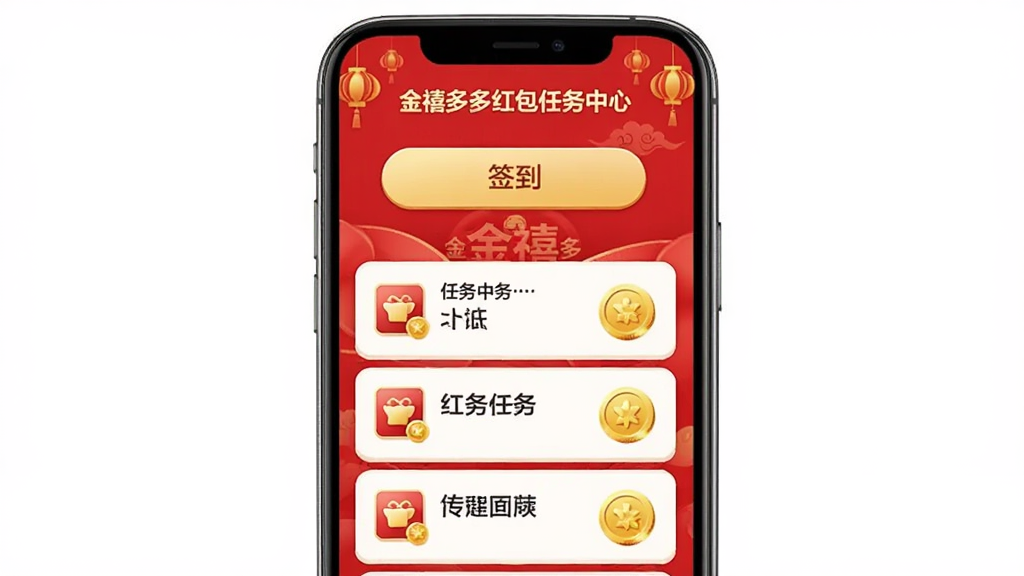 金禧多多红包任务中心页面,手机屏幕显示签到按钮、任务列表与金币图标,配色以红金为主,风格喜庆简洁,布局规整,画质干净,无多余元素