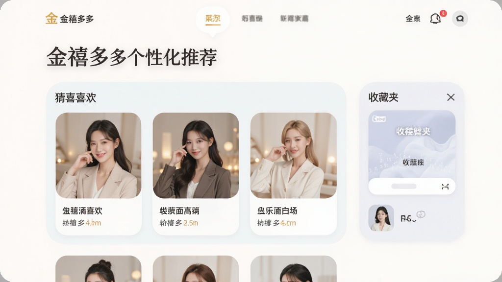 金禧多多个性化推荐页面,展示猜你喜欢栏目与收藏夹入口,界面柔和圆角设计,配色淡雅,布局清晰,画质干净,无多余元素