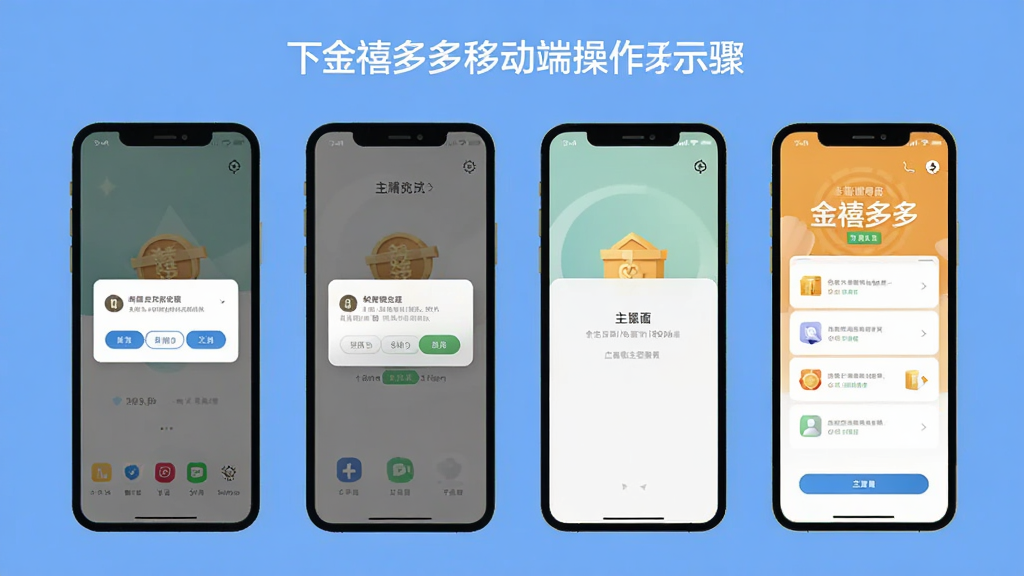 金禧多多移动端操作步骤示意图,展示从下载到安装完成的四个手机界面,包含权限弹窗与主界面,风格扁平化,配色清新,画质干净,无多余元素