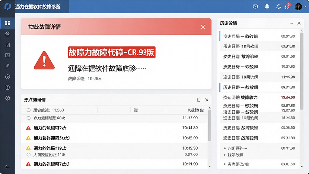 画面主体为通力在握软件故障诊断界面,屏幕中显示红色故障代码与中文解释文字,旁边有历史日志列表,布局采用上下结构,上半部分为故障详情卡片,下半部分为日志滚动列表,风格为扁平化UI设计风,细节包含警示三角图标与时间戳,画质清晰干净无多余元素