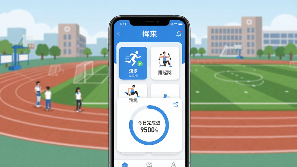 沩来智慧运动打卡应用主界面展示,画面中央放置一部智能手机,屏幕显示沩来应用的运动打卡首页,包含跑步、蹲起跳、跳绳等运动卡片和今日完成进度环。背景为校园操场跑道与绿茵场,远处有教学楼轮廓。整体采用清爽的蓝白配色,扁平化UI风格,构图居中对称,画质清晰干净,无多余元素。