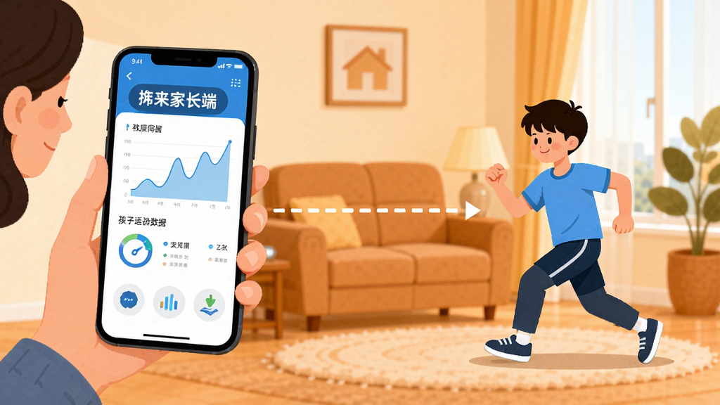 沩来家长端查看孩子运动数据示意图,画面左侧为家长手持手机查看数据,右侧为学生正在做运动,中间用虚线连接表示数据同步。背景为家庭客厅,温馨暖色调。整体风格为扁平插画,构图左右对称,画质干净,无多余元素。