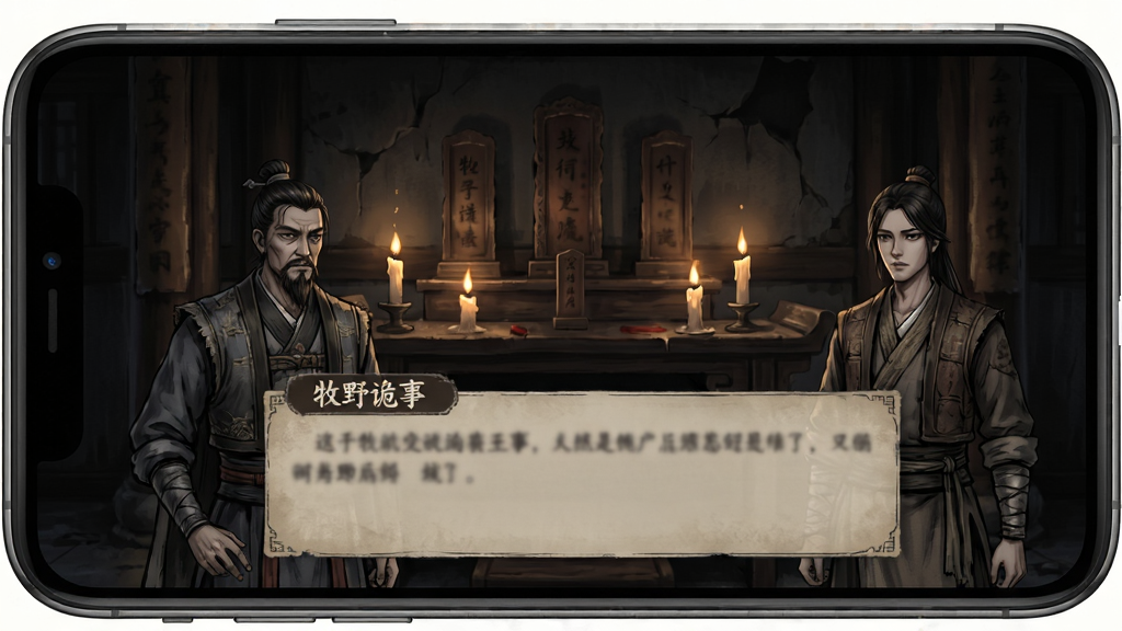 手机屏幕显示牧野诡事游戏剧情对话界面,画面中有两位角色对话,背景为破旧祠堂,供桌上摆放蜡烛与牌位,光线昏暗。布局为手机竖屏展示,排版突出对话框与角色立绘,风格为暗黑国风手绘,细节包含烛火摇曳、牌位文字模糊、角色服饰纹理,画质清晰,画面干净,无多余元素。