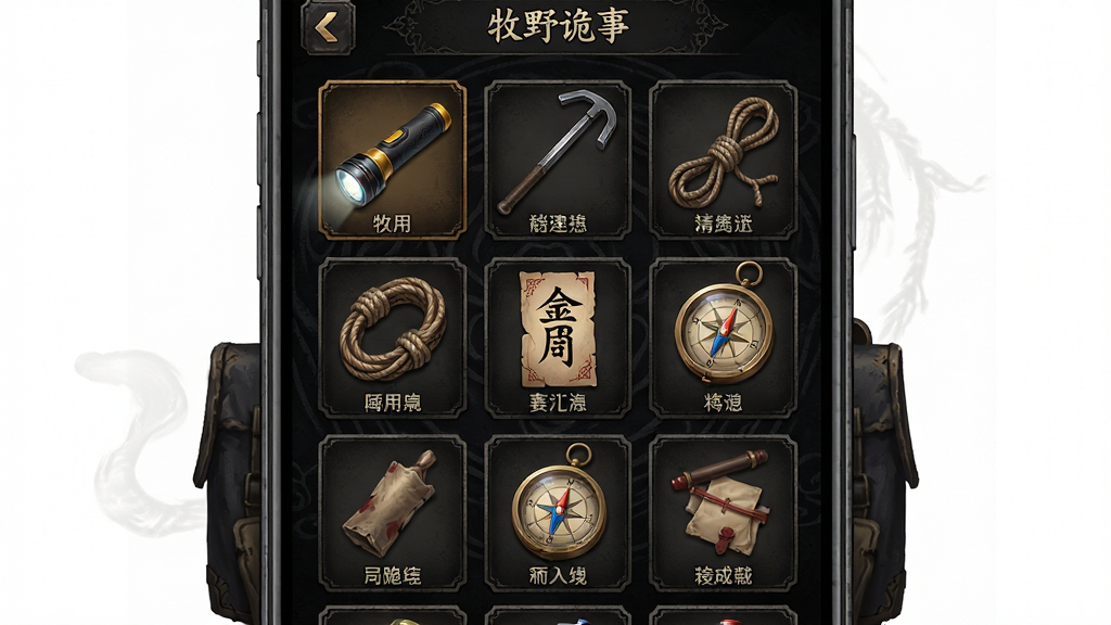 牧野诡事游戏道具背包界面,画面中展示多个物品格子,包含手电筒、撬棍、绳索、符纸、罗盘等道具,每个道具有图标与名称。布局为手机竖屏,排版突出背包网格,风格为暗黑国风UI,细节包含道具图标质感、格子边框、背景暗纹,画质清晰,画面干净,无多余元素。