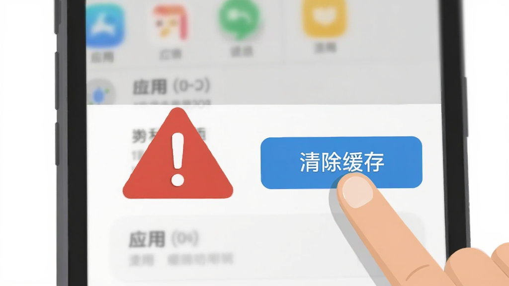 画面展示一部手机屏幕出现带有感叹号的警告三角形图标,旁边有一只手指正在点击“清除缓存”按钮,背景是模糊的应用设置界面,布局为三角形图标居中偏左,手指从右侧伸入点击按钮,风格为扁平化警示插画,细节上三角形为红色,按钮为蓝色,画质清晰,干净无多余装饰。