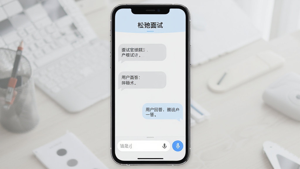 一张展示模拟面试对话界面的图片,手机屏幕中显示“松弛面试”的模拟对话页面,左侧为面试官提问气泡,右侧为用户回答气泡,底部有输入框和语音按钮,界面配色为浅灰与淡蓝,风格简洁现代,排版清晰,画质干净