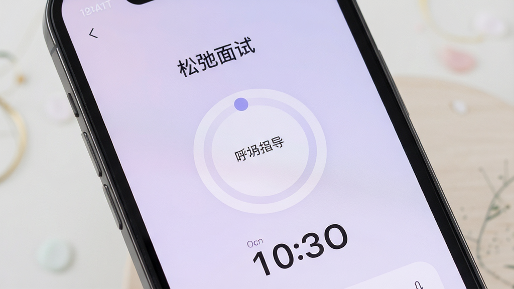 一张展示心态调节功能的图片,手机屏幕中显示“松弛面试”的心态调节页面,页面上有呼吸引导圆圈和倒计时数字,背景为柔和的淡紫色渐变,风格宁静舒缓,排版简约,画质细腻,无多余装饰