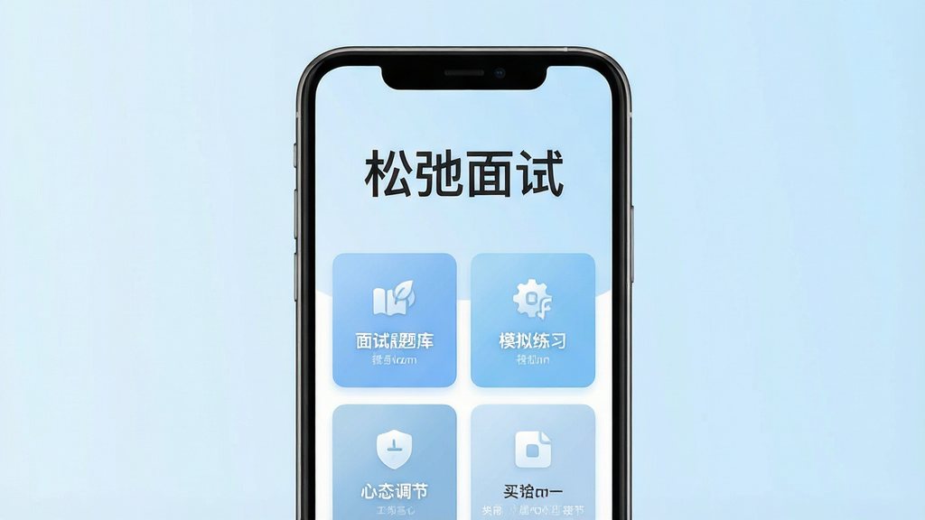 一张展示手机应用界面的图片,画面中央是一部竖屏智能手机,屏幕上显示“松弛面试”应用的主页面,页面顶部有“松弛面试”四个大字,下方排列着面试题库、模拟练习、心态调节等功能卡片,背景为柔和的浅蓝色渐变,整体风格清新简约,排版整齐,细节清晰,画质干净,无多余元素