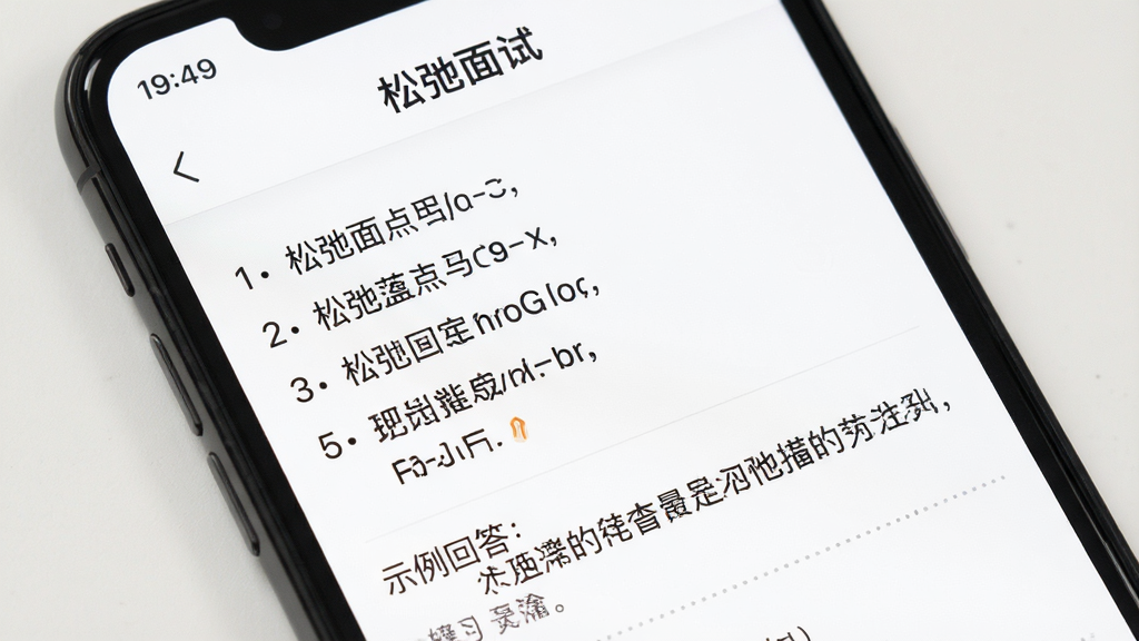 一张展示回答思路梳理界面的图片,手机屏幕中显示“松弛面试”的答题思路页面,页面上有分步骤的要点列表和示例回答文本,背景为白色,文字清晰,排版工整,风格简洁实用,画质干净
