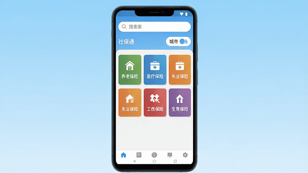 一张展示社保通软件主界面的手机截图风格图片,画面中央是一部竖屏安卓手机,屏幕内显示社保通应用首页,顶部有搜索栏和城市切换按钮,中部排列着养老保险、医疗保险、失业保险、工伤保险、生育保险五个彩色功能卡片,底部有导航栏。背景为干净的浅蓝色渐变,整体布局居中对称,风格简洁现代扁平化,细节清晰,画质干净,无多余元素。