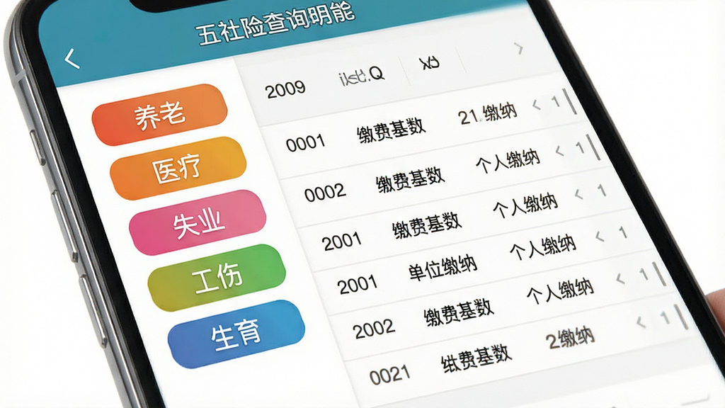 社保通五险查询功能展示图,画面为手机屏幕特写,屏幕内显示社保通五险查询页面,左侧是养老、医疗、失业、工伤、生育五个彩色标签,右侧是缴费明细列表,包含月份、缴费基数、单位缴纳、个人缴纳等字段。背景为纯白色,布局左右分栏,风格商务简洁,细节清晰,画质干净,无多余元素。