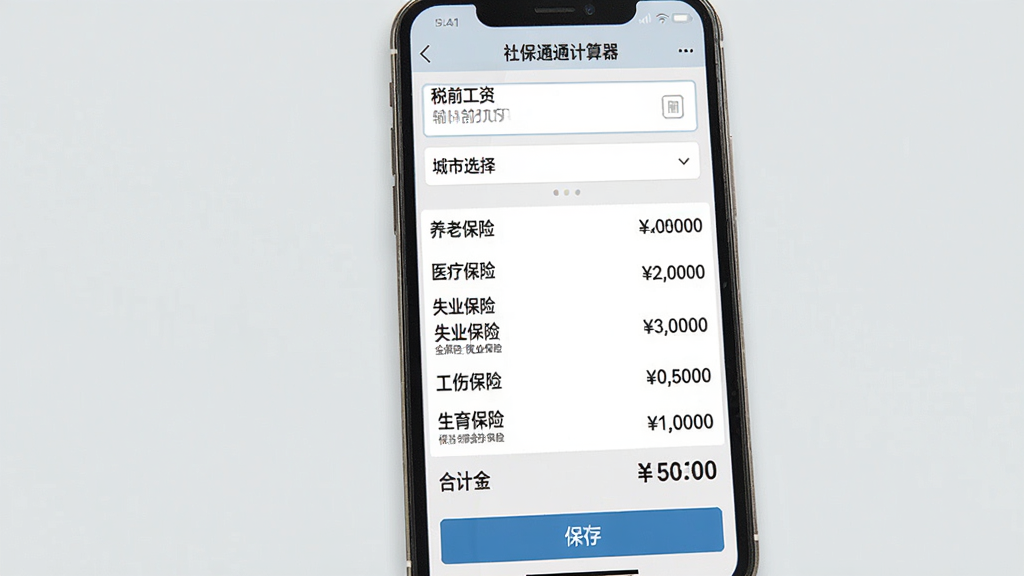 社保通社保计算器界面图,画面为手机屏幕截图,屏幕内显示社保通计算器页面,上方有税前工资输入框和城市选择下拉菜单,中部显示养老保险、医疗保险、失业保险、工伤保险、生育保险的扣除金额明细,下方有合计金额和保存按钮。背景为浅灰色,布局从上到下依次排列,风格清新简约,细节清晰,画质干净,无多余元素。