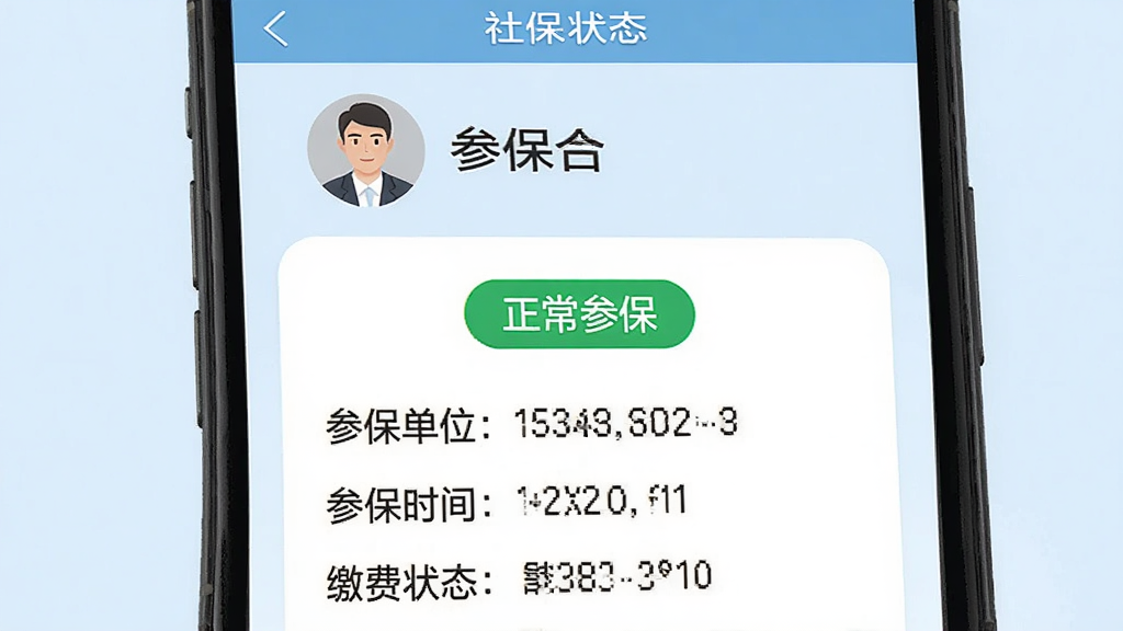 社保通参保状态展示图,画面为手机屏幕截图,屏幕内显示社保通参保状态页面,顶部有个人头像和姓名,中部有参保状态标签显示正常参保,下方有参保单位名称、参保时间、缴费状态等信息。背景为浅蓝色,布局居中,风格政务类简洁设计,细节清晰,画质干净,无多余元素。