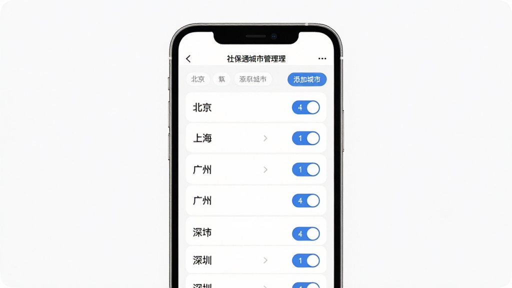 社保通多城市切换界面图,画面为手机屏幕展示,屏幕内显示社保通城市管理页面,列表中有北京、上海、广州、深圳等多个城市选项,每个城市右侧有切换按钮,顶部有添加城市按钮。背景为白色,布局为纵向列表,风格工具类简洁设计,细节清晰,画质干净,无多余元素。