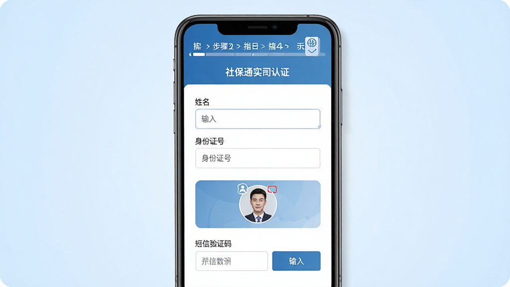 社保通新手操作指引示意图,画面为手机屏幕展示,屏幕内显示社保通实名认证页面,包含姓名输入框、身份证号输入框、人脸识别按钮和短信验证码输入框,页面顶部有步骤提示条。背景为浅蓝色渐变,布局从上到下依次排列,风格政务类简洁设计,细节清晰,画质干净,无多余元素。