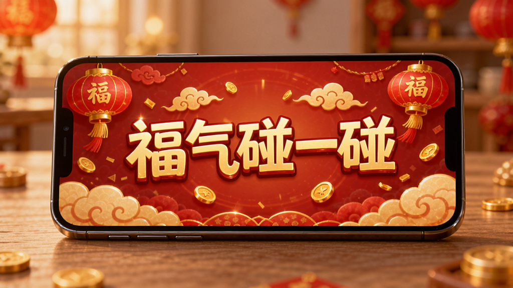 一张展示手机屏幕中红金配色福气碰一碰软件主界面的预览图,画面中央是“福气碰一碰”五个金色大字,周围环绕着灯笼、祥云、金币等喜庆元素,手机以倾斜角度放置在木质桌面上,背景柔和虚化,整体风格温暖喜庆,细节清晰,画质干净,无多余元素