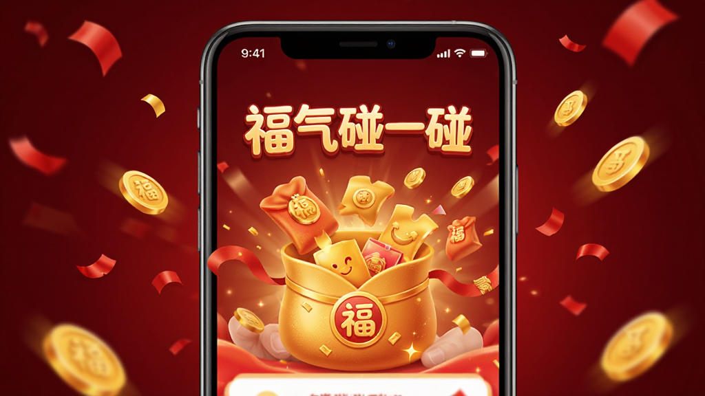 一部手机屏幕显示福气碰一碰软件中金色福袋炸开的动画效果,画面中有“福气碰一碰”文字标识,周围散落金币和红色纸屑,背景为深红色渐变,风格喜庆热闹,细节丰富,画质清晰干净